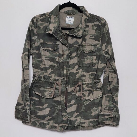 Old Navy Women’s Medium Green Camo Utility Jacket Zip Button Pockets Drawstring - Picture 2 of 4